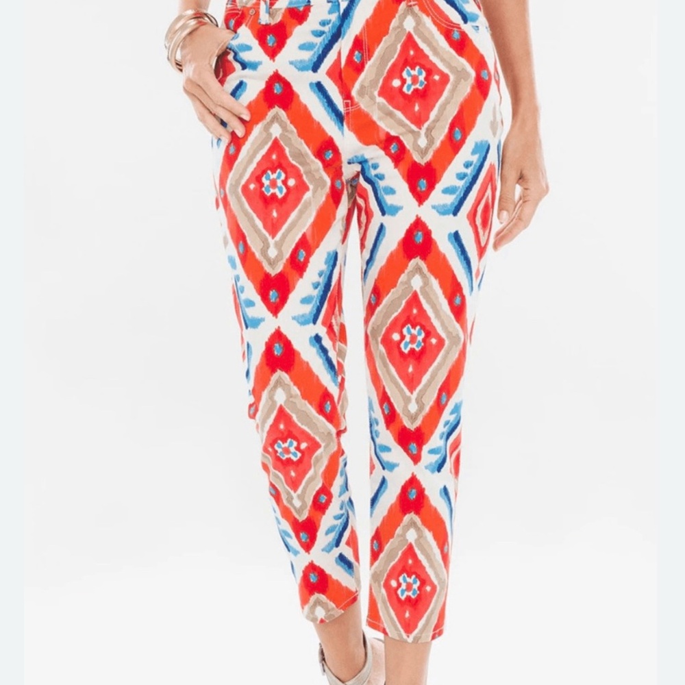 Chicos Womens Aztec Platinum Crop 6R Brushed Cotton Jean Blue Orange White